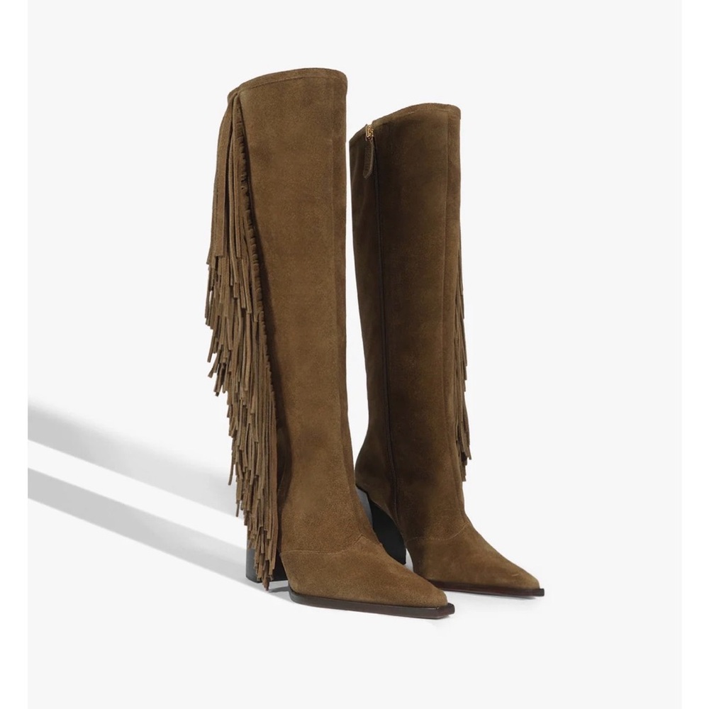 SCHUTZ Brown Fringe Suede Heeled Boots NEW in Box